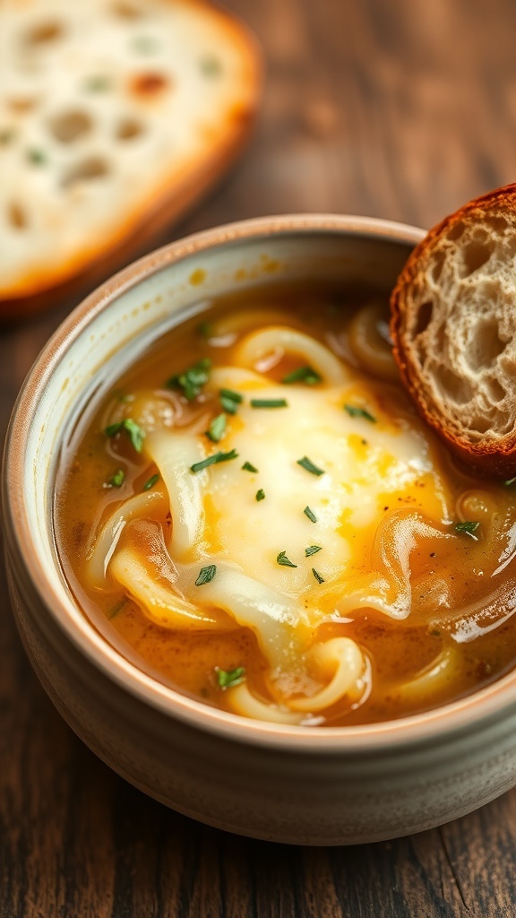 Onion Soup Recipe A bowl of French onion soup with melted cheese and bread, garnished with herbs on a rustic table.